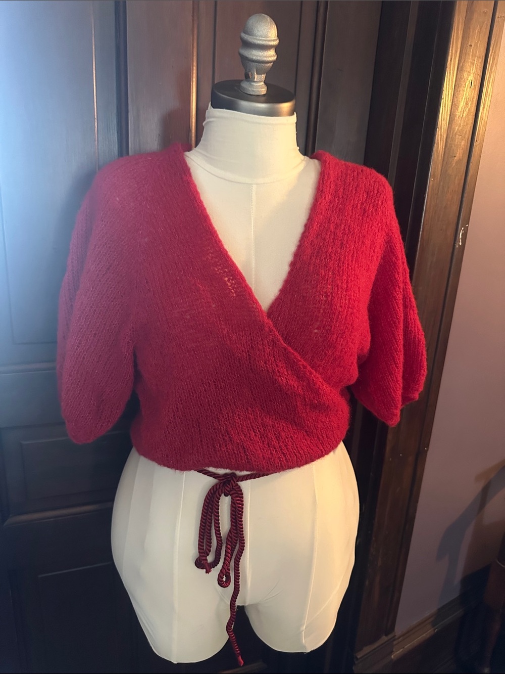 Women's Red Wrap Knit Tie-Waist Sweater